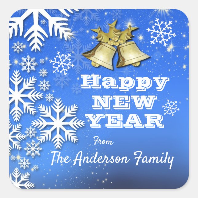 Adesivo Quadrado Texto Personalizado em Flocos de Neve e Sinos Ano  (Frente)