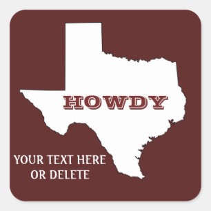 Adesivo Quadrado Texto Personalizado Maroon Mapa do Texas Destaque 