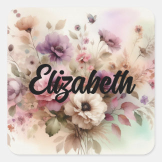 Adesivo Quadrado Texto tipográfico Folhas caídas e flores aquarela