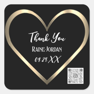 Adesivo Quadrado Thank You Wedding Favor QR CODE BlackGolden Heart 