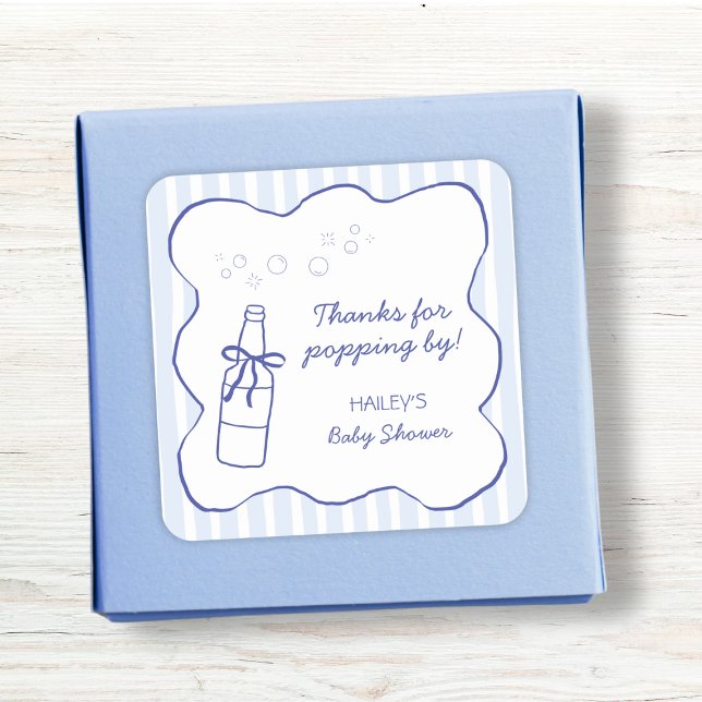 Adesivo Quadrado Thanks For Popping By Soda Bottle Blue Baby Shower (Thanks For Popping By Soda Bottle Blue Baby Shower Square Sticker)