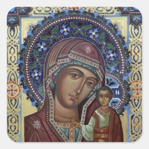 Adesivo Quadrado Theotokos e Filho Cristo com Quadro Ornamentado