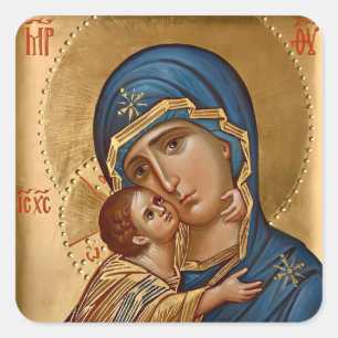 Adesivo Quadrado Theotokos e Menino Jesus em Ícone de Azuis e Doura
