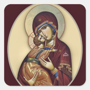 Adesivo Quadrado Theotokos e Menino Jesus no Ícone Marrom e Dourado