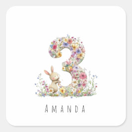 Adesivo Quadrado Third Birthday Floral Bunny 