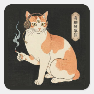 Adesivo Quadrado Third Eye Cat with Headphones & Cigarette - Japane