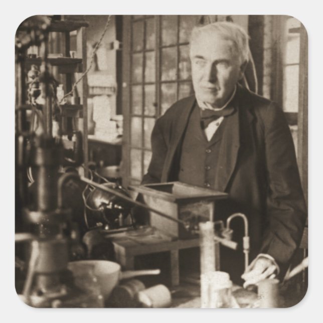 Adesivo Quadrado Thomas Edison em seu laboratório Stereoview (Frente)