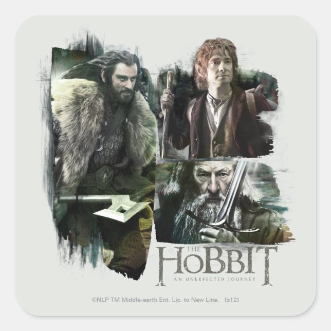 Adesivo Quadrado THORIN OAKENSHIELD™, BILBO BAGGINS™ E Gandalf Art (Frente)