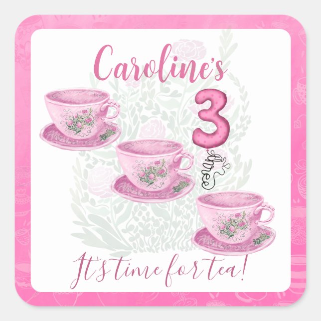 Adesivo Quadrado Three It’s Time for Tea 3rd Birthday Invitation (Frente)