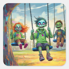Adesivo Quadrado Three Zombie Kids on Swings in Fall Park