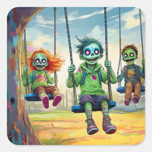 Adesivo Quadrado Three Zombie Kids on Swings in Fall Park (Frente)