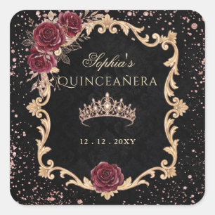 Adesivo Quadrado Tiara de Foto Quinceanera Floral Preta Rosa Dourad