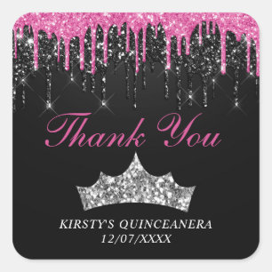 Adesivo Quadrado Tiaro Quinceanera Chic Rosa Preto com Glitter Cain