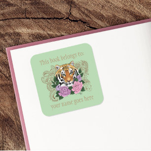 Adesivo Quadrado Tiger Henna Pink Purple Flowers Bookplate