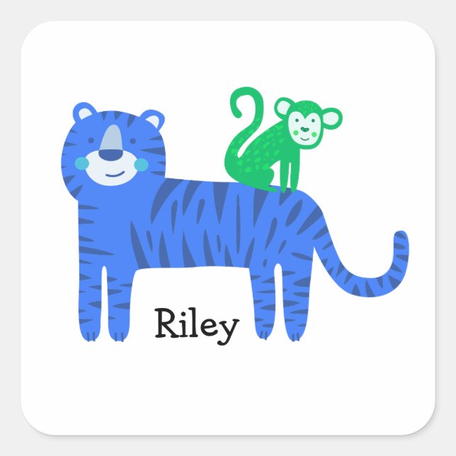Adesivo Quadrado Tigre Azul com Macaco Verde nas Costas Nome Person (Frente)
