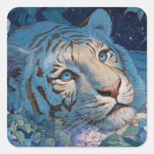 Adesivo Quadrado Tigre Azul em Luxuriante Jardim Floral Lavanda e A