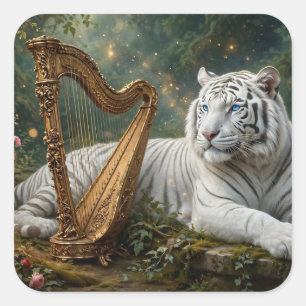 Adesivo Quadrado Tigre Branco e Harpa Dourada