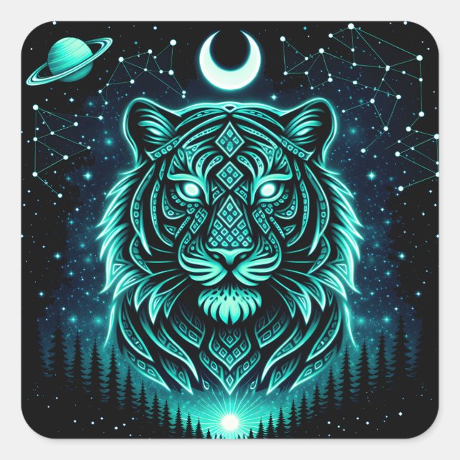 Adesivo Quadrado Tigre Celestial – Galáxia da Vida Selvagem Cosmic  (Frente)
