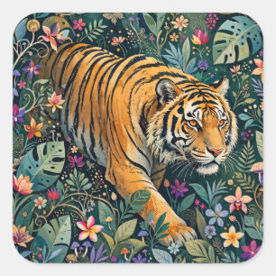 Adesivo Quadrado Tigre com Olhos Âmbar Folhagem da Selva Fantasia