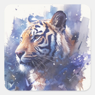 Adesivo Quadrado Tigre com respingos de tinta roxa e azul artístico