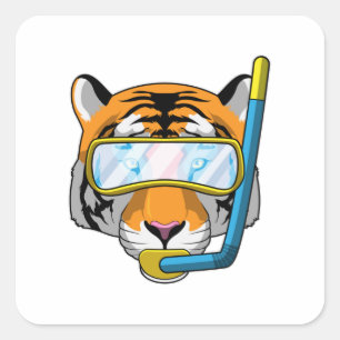 Adesivo Quadrado Tigre como mergulhador com Snorkel
