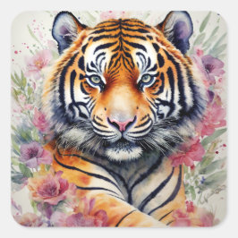 Adesivo Quadrado Tigre De Aquarela Com Flores De Pintura Floral