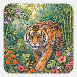 Adesivo Quadrado Tigre de Bengala Vibrante Selva de Bambu