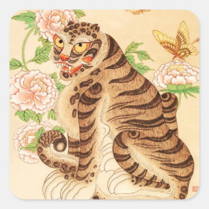 Adesivo Quadrado Tigre Listrado Coreano Minhwa Vintage