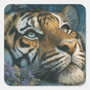 Adesivo Quadrado Tigre Majestoso Espiando Através de Flores Silvest