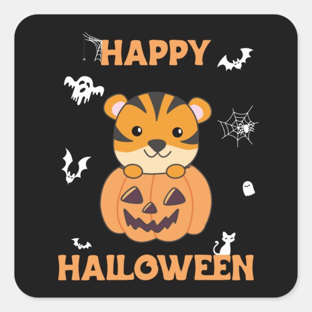 Adesivo Quadrado Tigre Na Pumpkin Sweet Tiger Happy Halloween Squar (Frente)