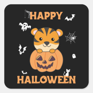 Adesivo Quadrado Tigre Na Pumpkin Sweet Tiger Happy Halloween Squar