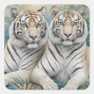 Adesivo Quadrado Tigres de Ouro pálidos numa selva verde azul