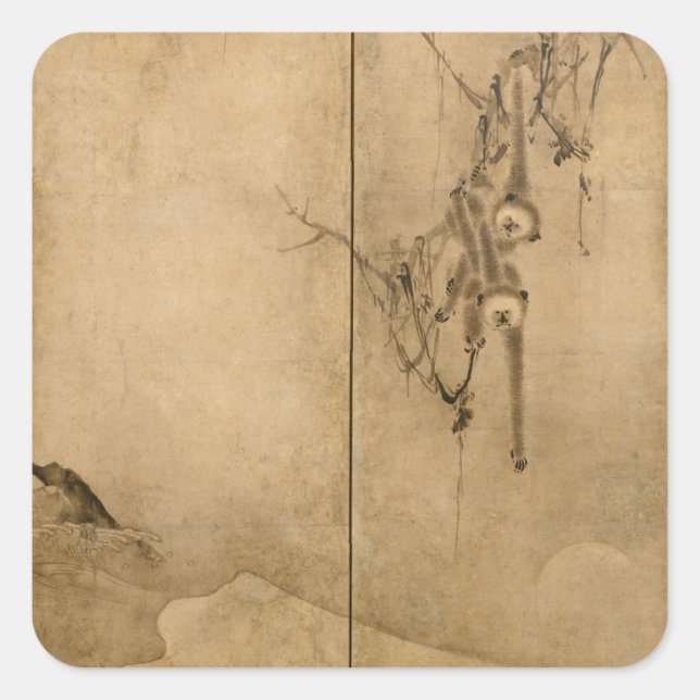Adesivo Quadrado Tinta japonesa em papel Gibbons Primados e Paisage (Frente)