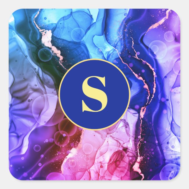 Adesivo Quadrado Tinta Líquida Azul, Roxo e Violeta Vermelho, Monog (Frente)