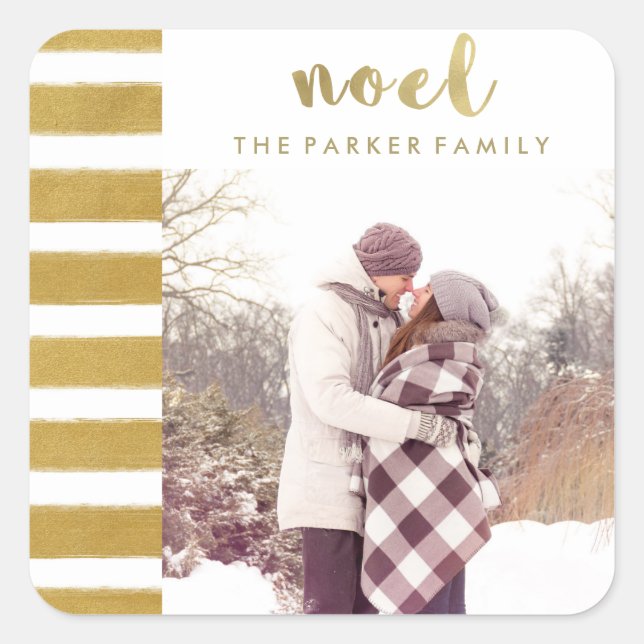 Adesivo Quadrado Tipografia de Natal Dourada Noel Faux com Foto (Frente)