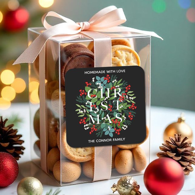 Adesivo Quadrado Tipografia do NATAL Holly Berries Homemade (CHRISTMAS Typography Greenery and Berries Homemade with Love 3" Square Stickers)