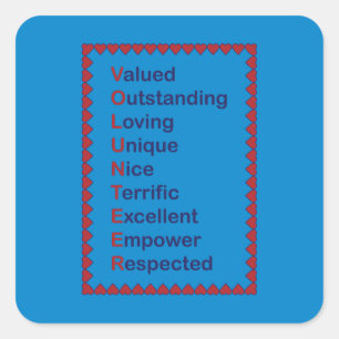 Adesivo Quadrado Tipografia Voluntária Corações Vermelhos Fundo Azu