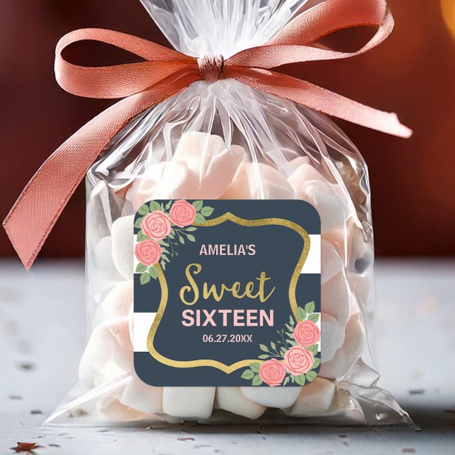 Adesivo Quadrado Tiras Azuis, Rosas Rosa Esbranquiçadas Doce 16 (Criador carregado)