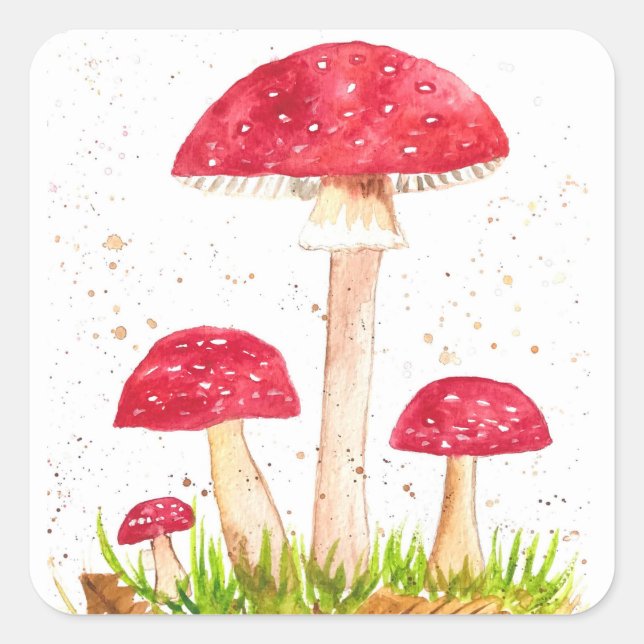 Adesivo Quadrado Toadool Mushroom Floresta aquarela Vermelha Nature (Frente)