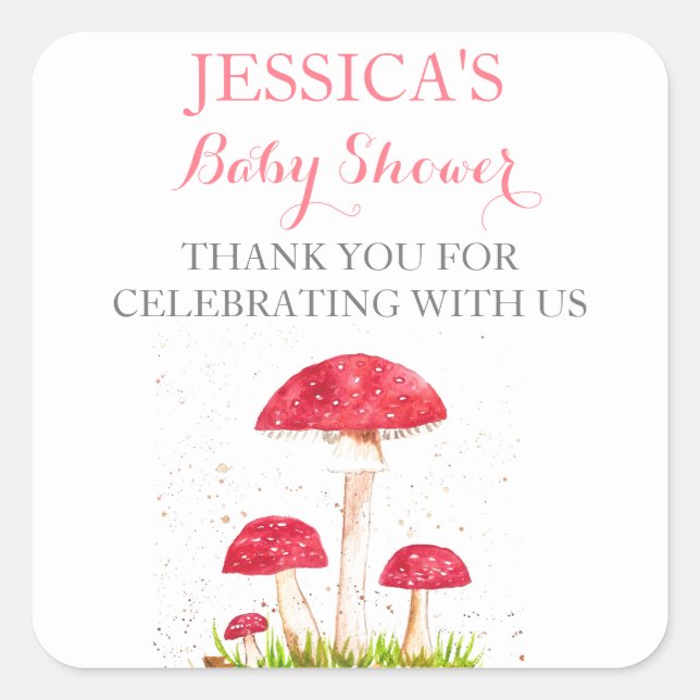 Adesivo Quadrado Toadstool Mushroom Watercolor Chá de fraldas (Frente)