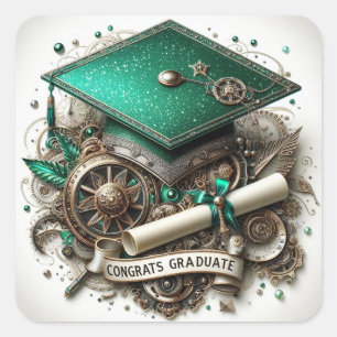 Adesivo Quadrado Toca da Graduação em Estilo Steampunk e Diploma