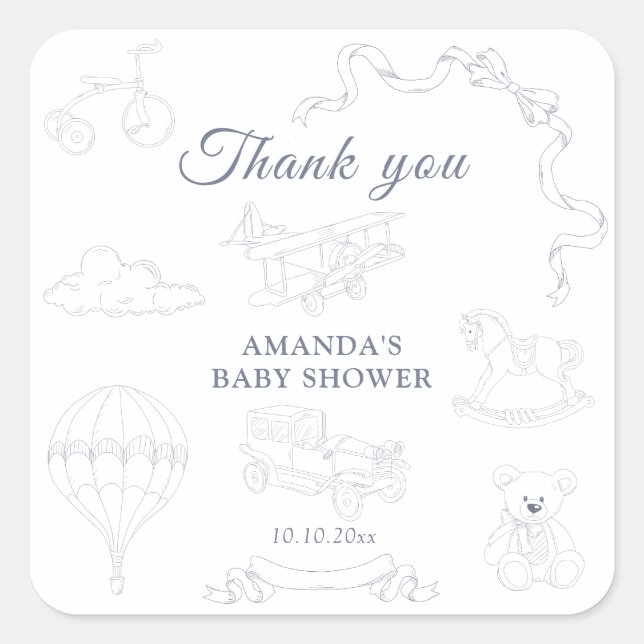 Adesivo Quadrado Toile de Jouy Nursery Baby Shower Thank you (Frente)