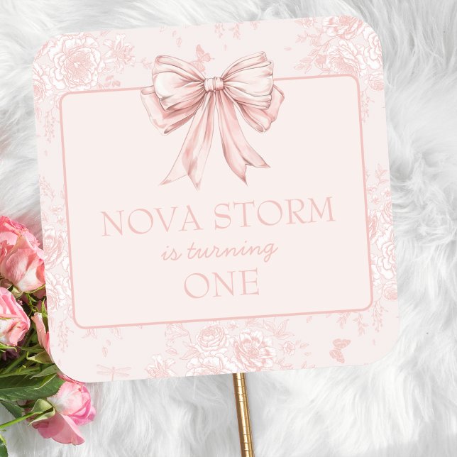 Adesivo Quadrado Toile Whimsy Festa de aniversário rosa personaliza (Criador carregado)