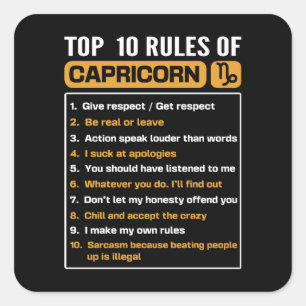 Adesivo Quadrado Top 10 Rules Of Capricorn, Capricorn Facts Traits