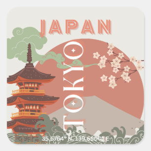 Adesivo Quadrado Tóquio Japão Viagem Art, Retro-Viagem Art