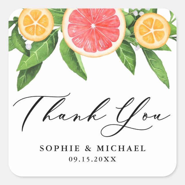 Adesivo Quadrado Toranja d'água e Laranjas Verão Obrigado (Frente)