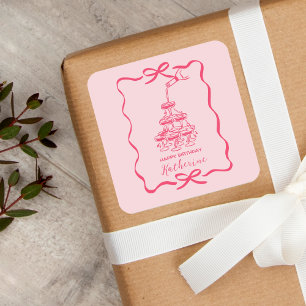 Adesivo Quadrado Torre de Champanhe Desenhos à Mão Rosa Aniversário