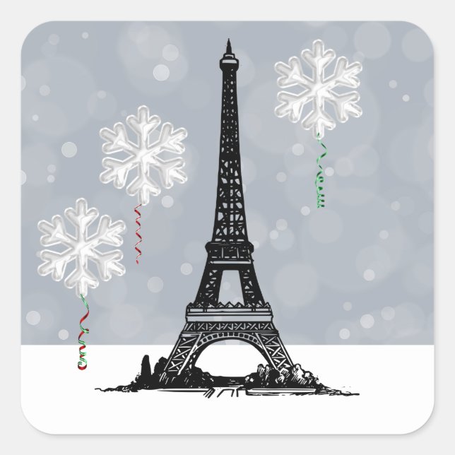 Adesivo Quadrado Torre Eiffel de inverno, Natal em Floco de Neve (Frente)