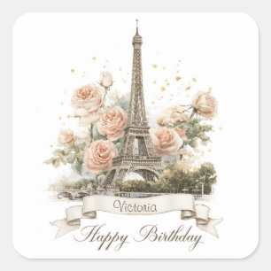 Adesivo Quadrado Torre Eiffel "Parabéns" com nome personalizado