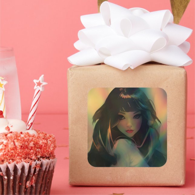 Adesivo Quadrado Trabalho de arte da Anime Girl cercada por Rainbow (Festa)